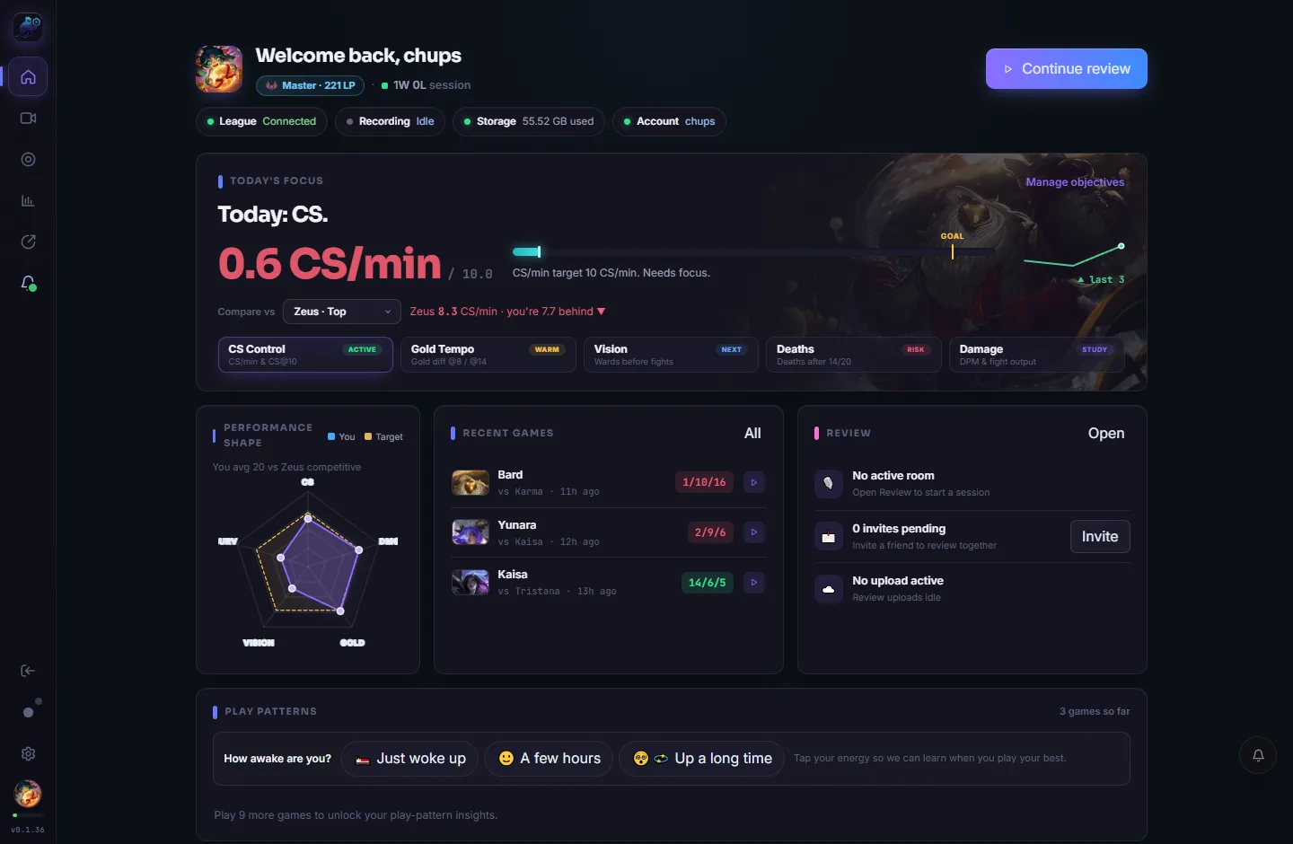 RiftRec Home dashboard with today's objective, performance radar and recent games