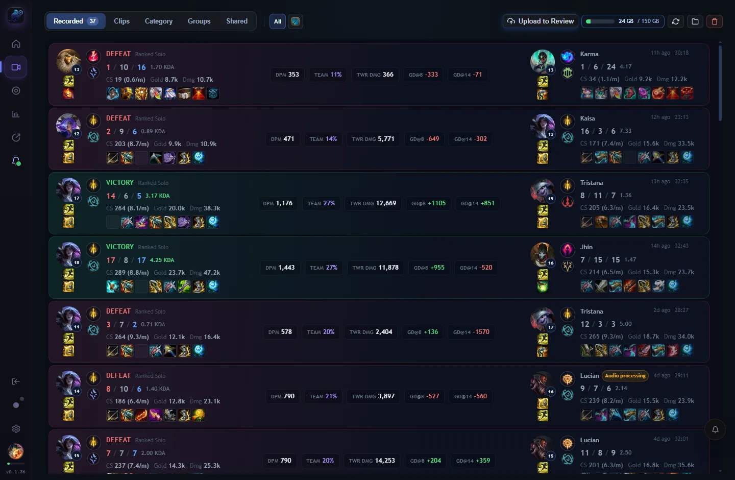 RiftRec Videos tab: recorded League games as win/loss cards