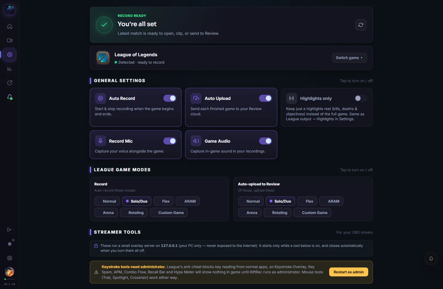 RiftRec Games tab with auto-record toggles and queue selection