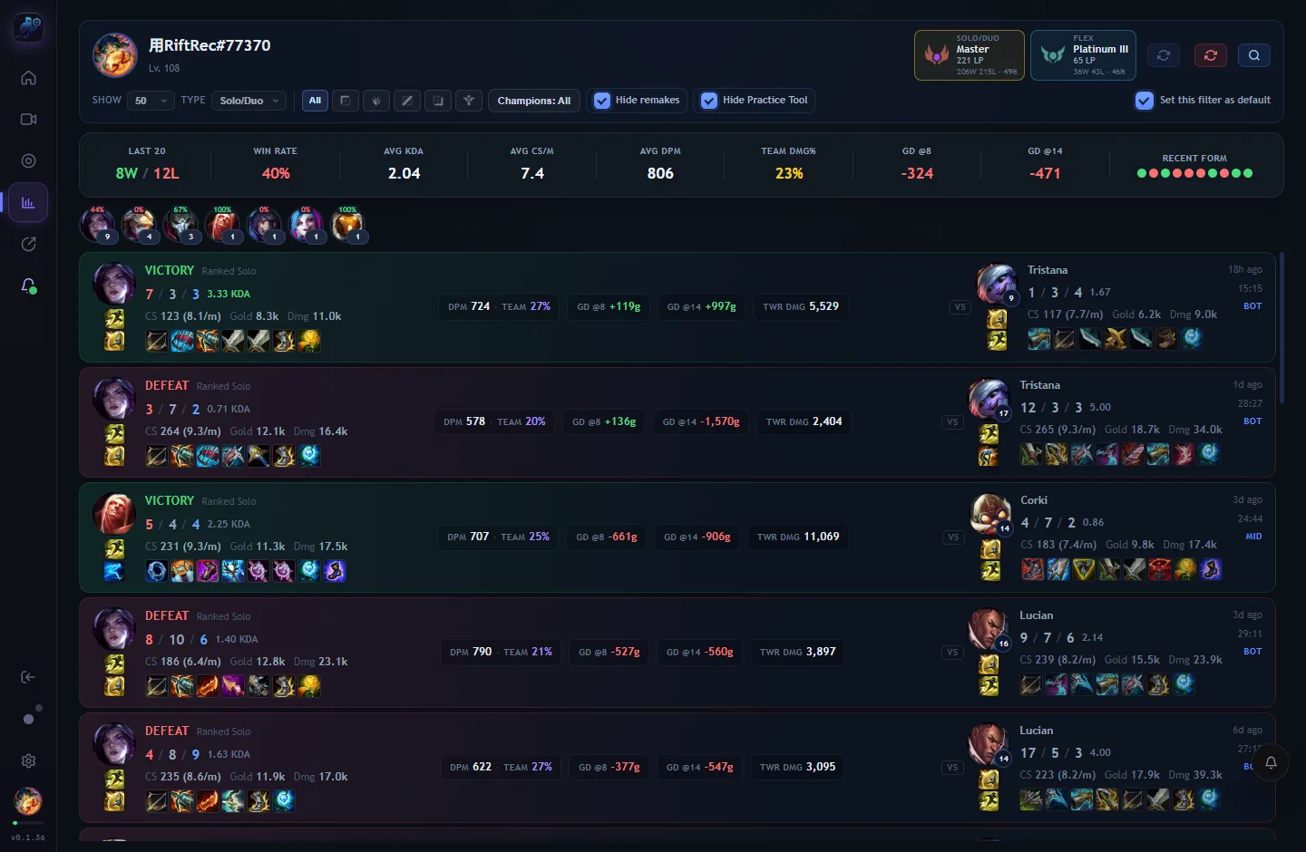RiftRec Match History with rank, summary stats and win/loss cards